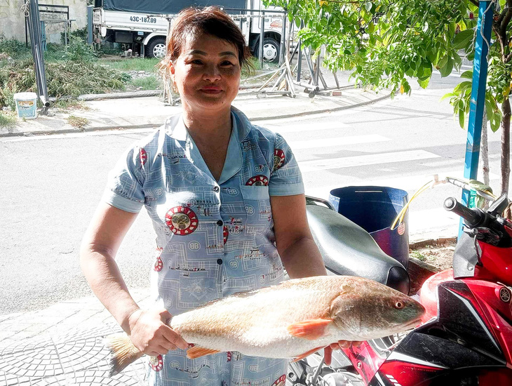 Bà Lê Thị Tiến với con cá nghi là cá sủ vàng vừa đánh bắt được tại vịnh Đà Nẵng - Ảnh: N.H.Đ.