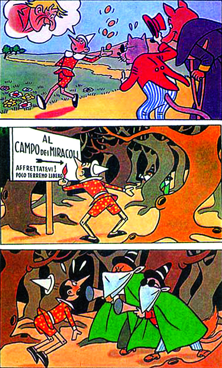 Minh họa của Raul Verdini: Pinocchio cùng Cáo và Mèo trong Cánh đồng Kỳ Diệu