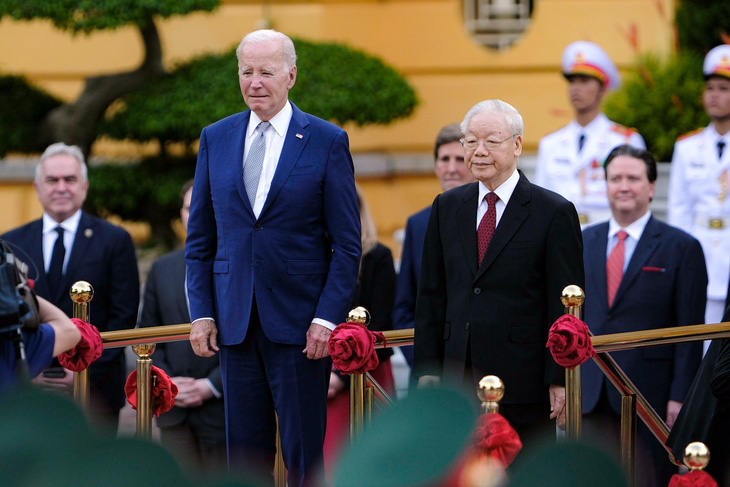 Tổng bí thư Nguyễn Phú Trọng chủ trì lễ đón chính thức Tổng thống Mỹ Joe Biden tại Phủ Chủ tịch chiều 10-9 - Ảnh: NAM TRẦN 