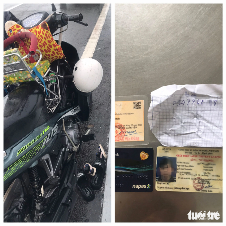 Chiếc xe máy cùng giấy tờ tùy thân được cảnh sát tìm thấy tại cầu Cổ Chiên - Ảnh: A.X.