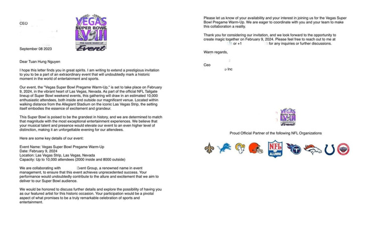Email mời tham dự sự kiện Vegas Super Bowl Pregame Warm Up được Tuấn Hưng chia sẻ - Ảnh: Facebook Tuấn Hưng