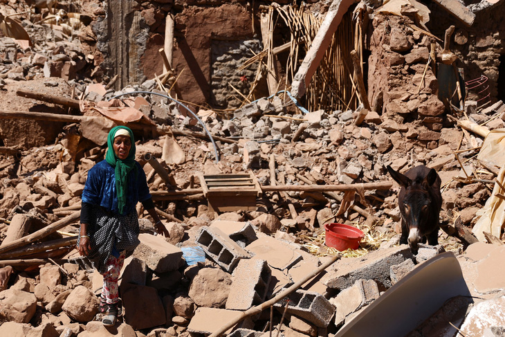 Một người dân đứng trên những gì còn sót lại của nhà mình, bên cạnh là chú lừa bà đã cứu từ đống đổ nát - Ảnh: REUTERS