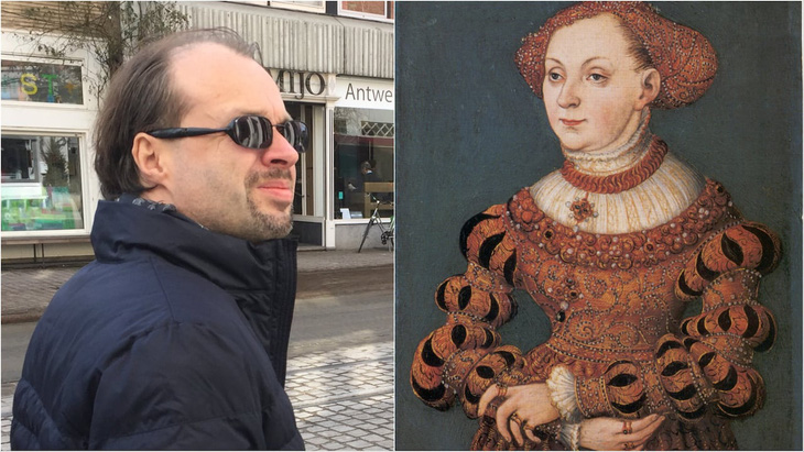 Stéphane Breitwieser ở Bỉ năm 2018 và một trong những hiện vật bị ông trộm - bức Sibylle of Cleves của Lucas Cranach the Younger vẽ khoảng năm 1540. Ảnh: Penguin Random House