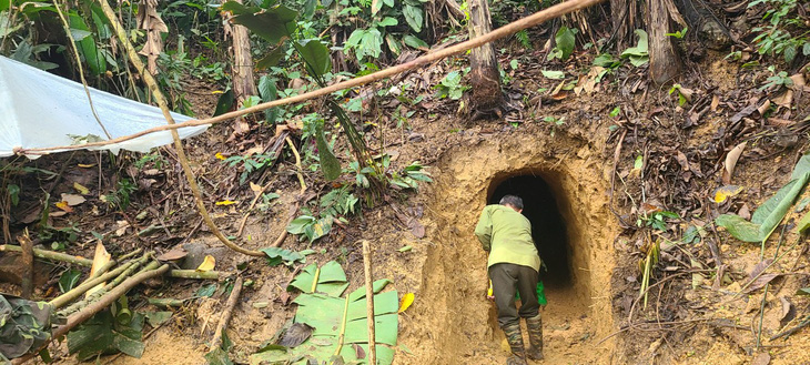 Lực lượng chức năng kiểm tra hầm khai thác vàng trái phép - Ảnh Ban quản lý Khu bảo tồn thiên nhiên Pù Luông