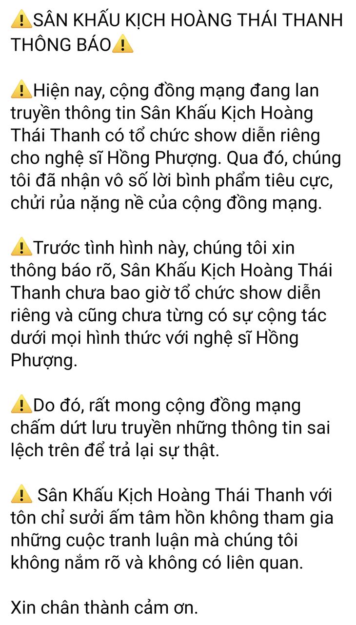 Thông báo của sân khấu Hoàng Thái Thanh phủ nhận việc tổ chức show, cộng tác với cháu gái Vũ Linh