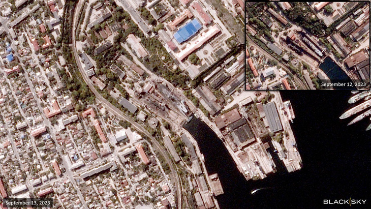 Ảnh vệ tinh cho thấy khu vực cảng ở Sevastopol trước và sau vụ tấn công vào hải quân Nga hôm 13-9 của Ukraine - Ảnh: SKY NEWS