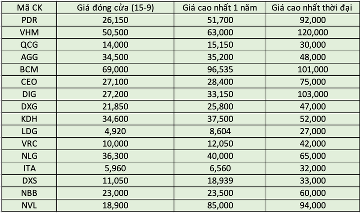 Diễn biến giá một số cổ phiếu bất động sản - Đơn vị: Đồng