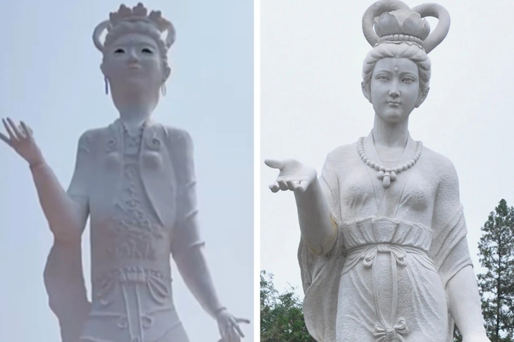 Bức tượng tiên nữ Mẫu Đơn dựa trên bản gốc (bên phải) của làng Nansong.