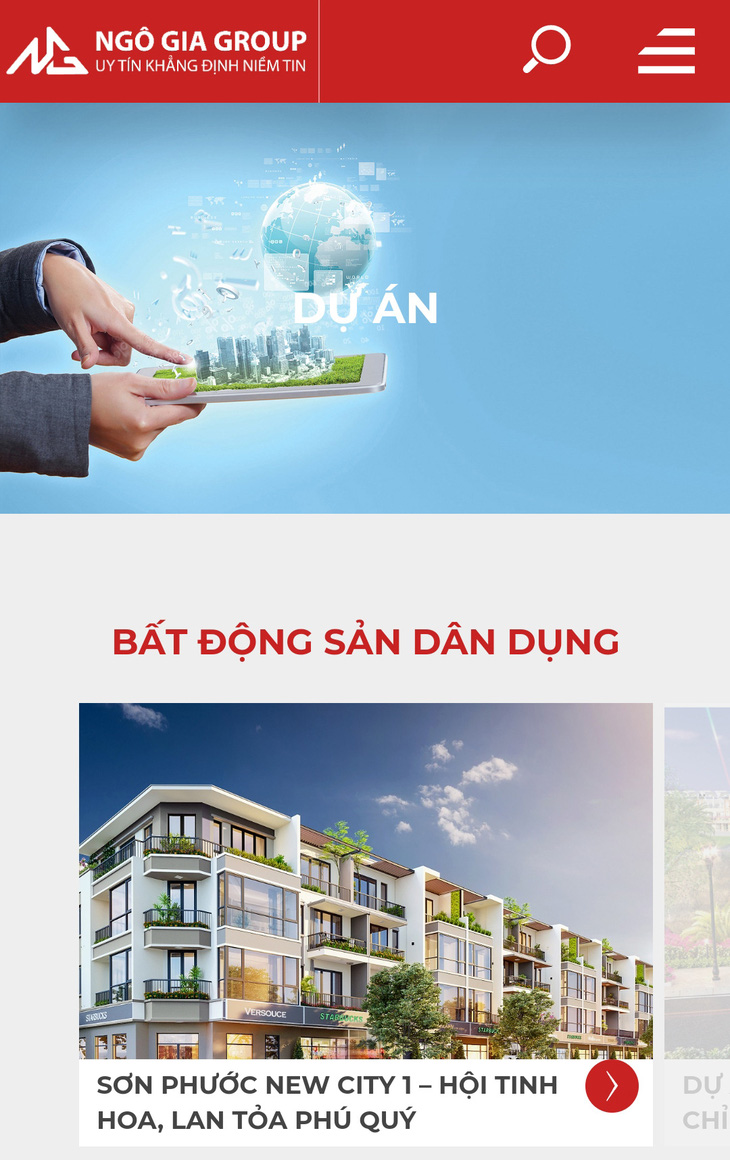 Giới thiệu về "dự án bất động sản Sơn Phước New City" trên web của Ngô Gia Group - Ảnh chụp màn hình