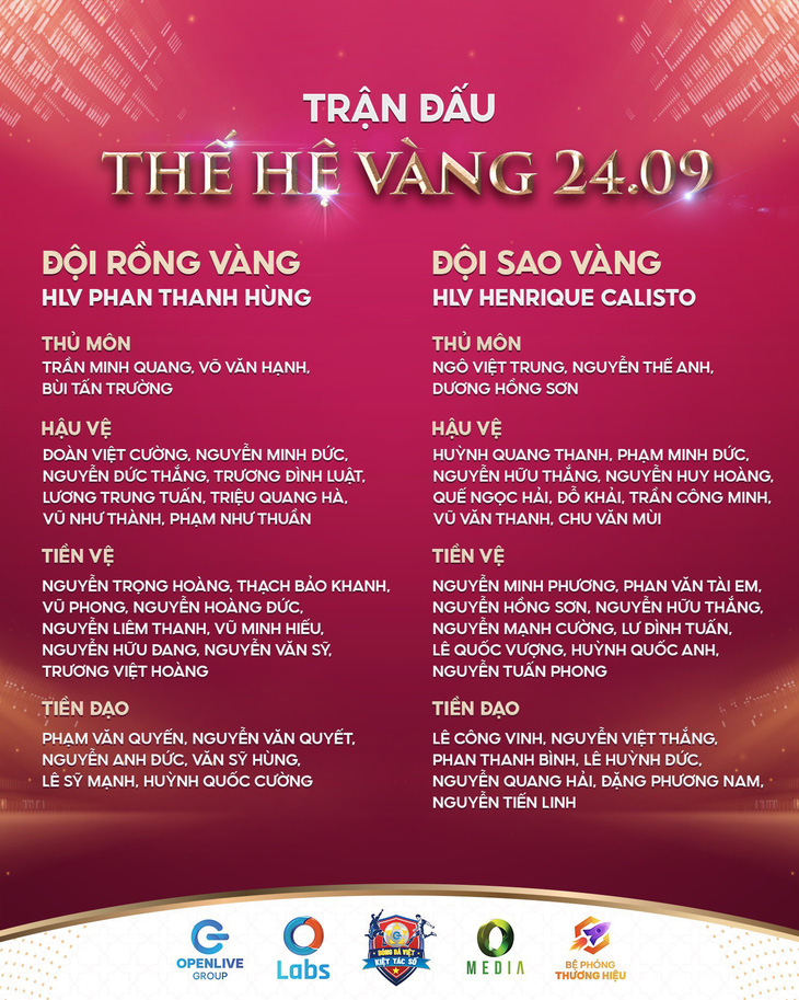 Danh sách 2 đội Thế hệ vàng Việt Nam sẽ đá giao hữu trên sân Thống Nhất ngày 24-9 - Ảnh: BTC