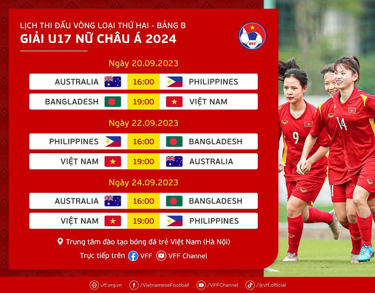 Lịch thi đấu U17 nữ Việt Nam tại vòng loại 2 Giải U17 nữ châu Á 2024 - Ảnh: VFF