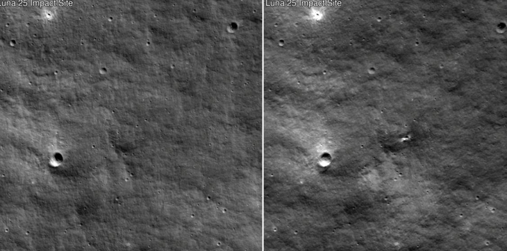 Tàu vũ trụ NASA chụp điểm va chạm của tàu Luna-25 Nga với Mặt trăng vào hai ngày 27-6 và 24-8, cho thấy sự xuất hiện của miệng hố mới - Ảnh: NASA
