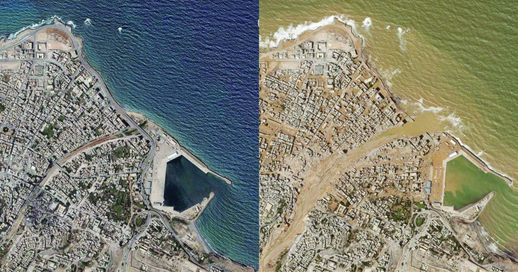 Hình ảnh vệ tinh thành phố Derna trước và sau khi lũ quét. Ảnh: PBC/AP