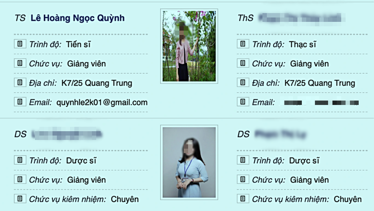 Website Trường ĐH Duy Tân trước đây có ghi TS Lê Hoàng Ngọc Quỳnh trong danh sách giảng viên khoa dược. Thông tin này hiện không còn - Ảnh chụp màn hình