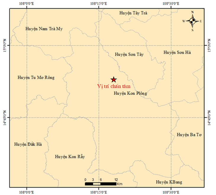 Bản đồ tâm chấn động đất có độ lớn 4,4 xảy ra tại huyện Kon Plông, tỉnh Kon Tum - Nguồn: Viện Vật lý địa cầu