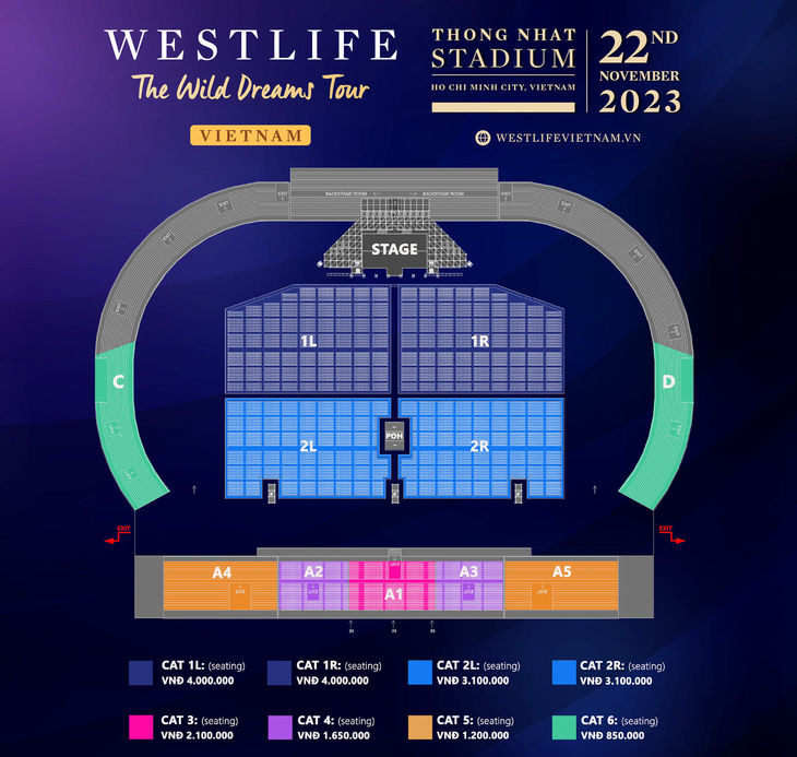 Sơ đồ ghế ngồi và giá vé của đêm nhạc Westlife - The Wild Dreams Tour tại TP.HCM ngày 22-11 - Ảnh: BTC