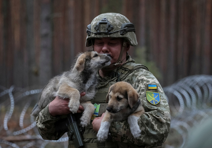 Tư lệnh Lực lượng liên hợp các lực lượng vũ trang Ukraine Serhiy Nayev bế những chú chó con khi ông đến thăm các vị trí gần biên giới với Belarus, trong bối cảnh chiến sự với Nga, ở vùng Zhytomyr, Ukraine, ngày 20-9 - Ảnh: REUTERS