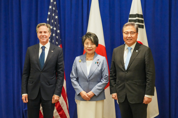 Ngoại trưởng Mỹ, Nhật Bản, Hàn Quốc gặp ngày 22-9 - Ảnh: Yonhap