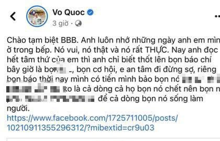 Nội dung đầu bếp nick name Vo Quoc đăng xúc phạm báo chí trên Facebook - Ảnh chụp màn hình