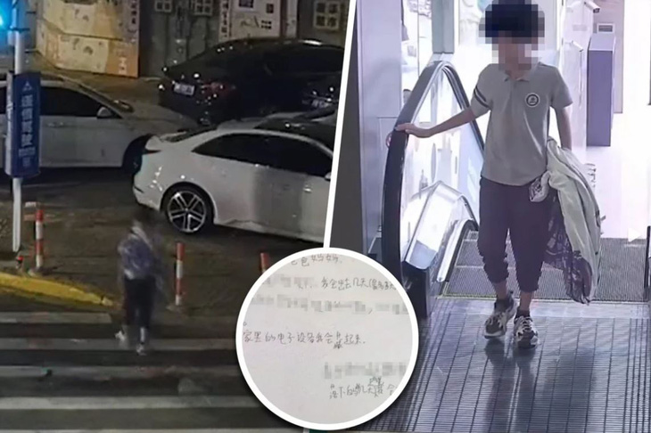Camera ghi lại hình ảnh cậu bé bỏ nhà đi trong đêm, cùng lời nhắn cậu để lại cho bố mẹ - Ảnh: SCMP