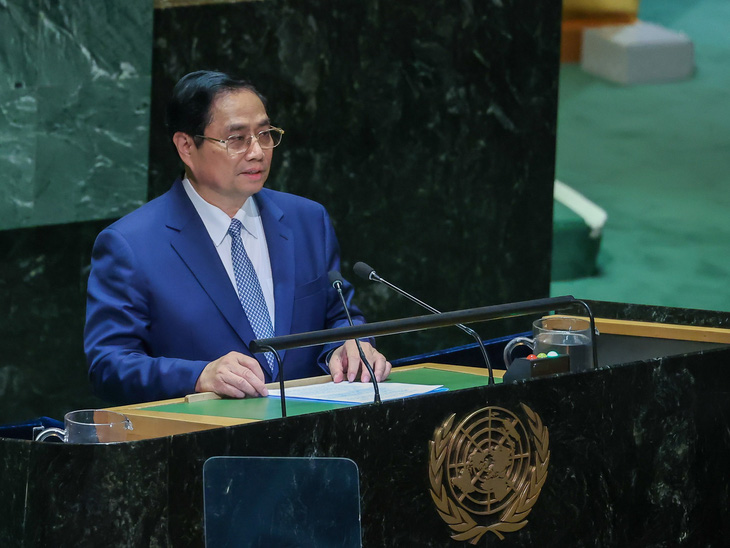 Thủ tướng Phạm Minh Chính phát biểu trước Đại hội đồng Liên Hiệp Quốc ngày 22-9 (giờ New York) - Ảnh: NHẬT BẮC