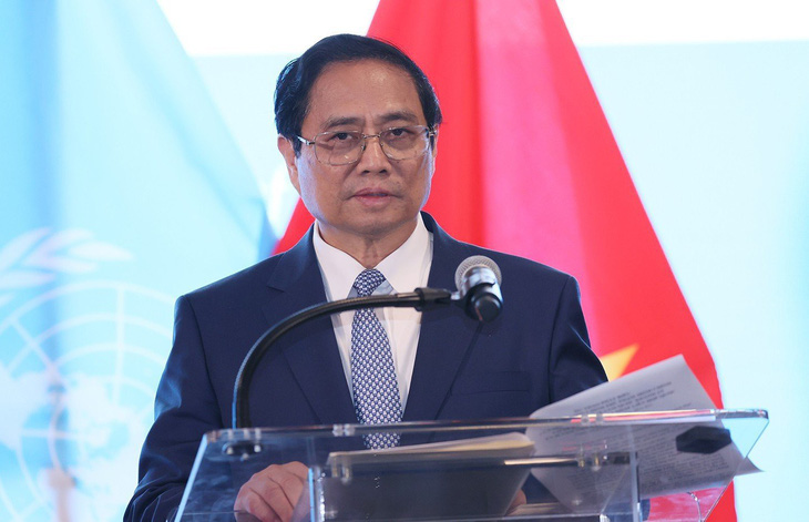 Thủ tướng Phạm Minh Chính phát biểu tại lễ kỷ niệm 78 năm Quốc khánh và 46 năm Việt Nam gia nhập Liên Hiệp Quốc ngày 22-9 tại New York - Ảnh: DƯƠNG GIANG