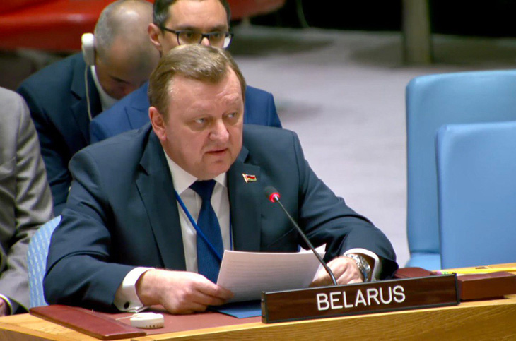 Ngoại trưởng Belarus Sergey Aleynik phát biểu tại Đại hội đồng Liên Hiệp Quốc - Ảnh: Bộ Ngoại giao Belarus