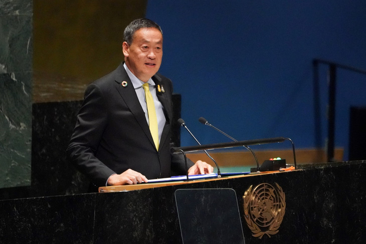 Thủ tướng Thái Lan Srettha Thavisin phát biểu tại phiên họp của Đại hội đồng Liên Hiệp Quốc hôm 22-9 - Ảnh: AFP