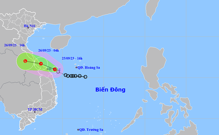 Vị trí và hướng di chuyển của áp thấp nhiệt đới lúc 16h chiều 25-9 - Ảnh: NCHMF
