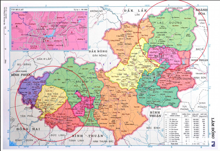 Bản đồ Lâm Đồng, góc bên phải là Lạc Dương sát với TP Đà Lạt. Góc bên trái là ba huyện Đạ Huoai, Đạ Tẻh và Cát Tiên sát nhau - Ảnh: dangcongsan.vn