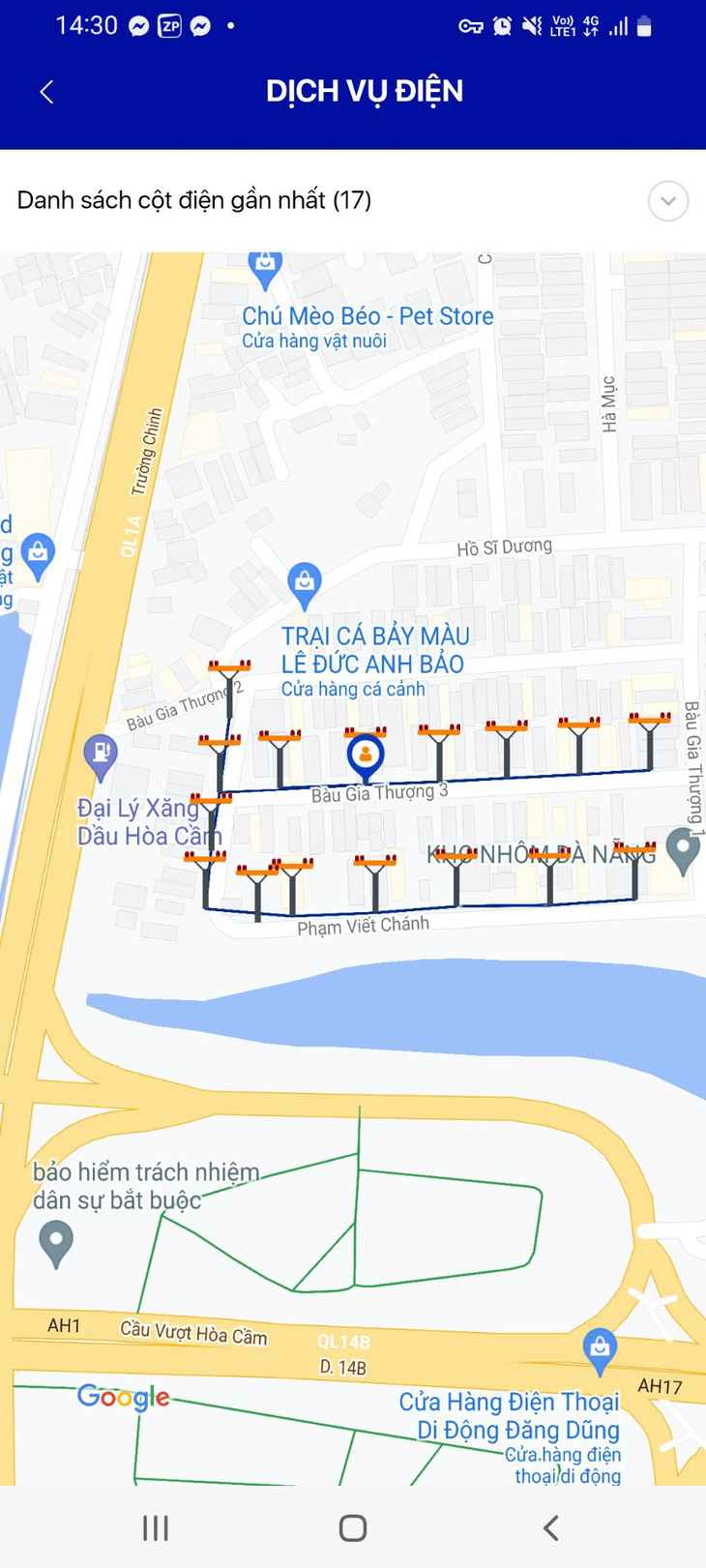 Các cột điện được định vị và hiển thị trực quan trên nền Google maps qua web và app EVNCPC CSKH - Ảnh do EVNCPC cung cấp