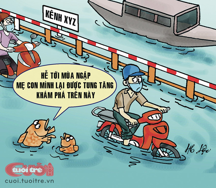 Mẹ con nhà cá đi du lịch bằng đường bộ - Tranh: Hữu Lộc 
