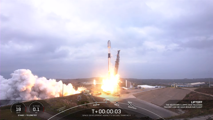 Tên lửa đẩy Falcon 9 của SpaceX chuẩn bị rời bệ phóng ở California - Ảnh: SPACEX