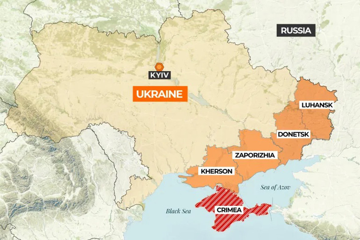 Bản đồ cho thấy các phần màu cam là bốn vùng của Ukraine mà Nga đã sáp nhập trong năm 2022. Nga cũng đã sáp nhập bán đảo Crimea từ năm 2014 - Ảnh: AL JAZEERA