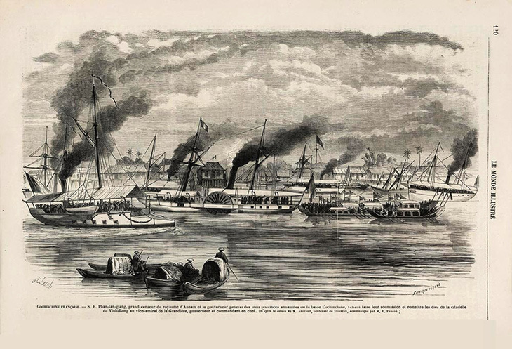 Tranh vẽ pháo hạm Pháp từ sông tấn công thành Vĩnh Long năm 1867