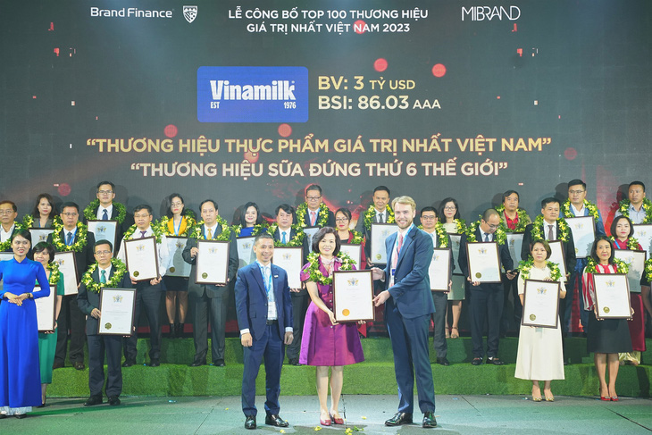 Vinamilk được vinh danh là Thương hiệu sữa đứng thứ 6 thế giới tại lễ công bố &quot;Top 100 hương hiệu có giá trị nhất Việt Nam&quot; năm 2023 vừa qua - Ảnh: VINAMILK