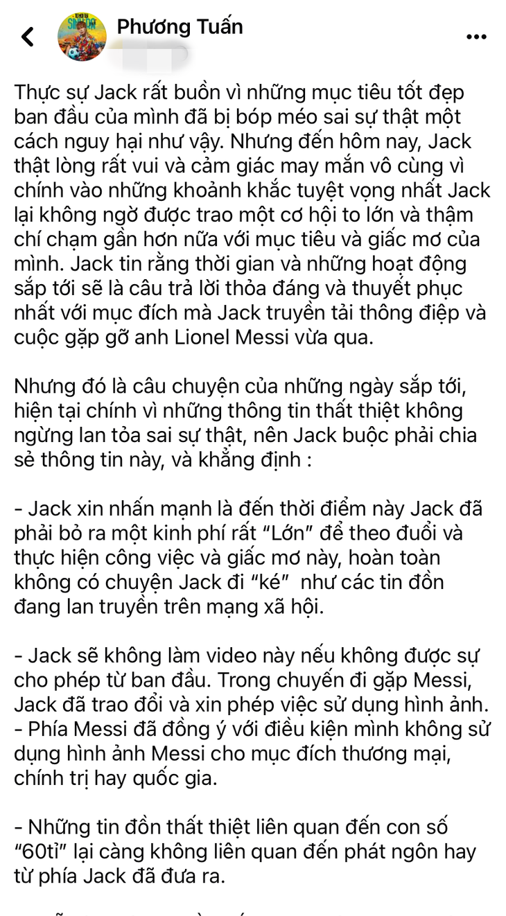 Jack đăng đàn khẳng định chi tiền để đi gặp Messi, được đồng ý sử dụng hình ảnh