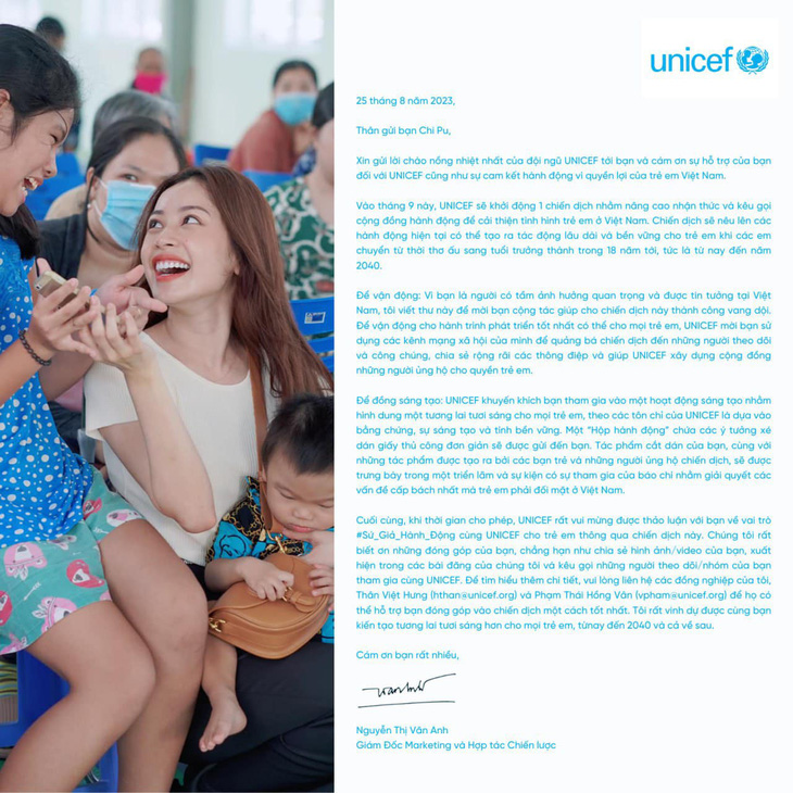 Bức thư của tổ chức UNICEF Việt Nam gửi đến Chi Pu
