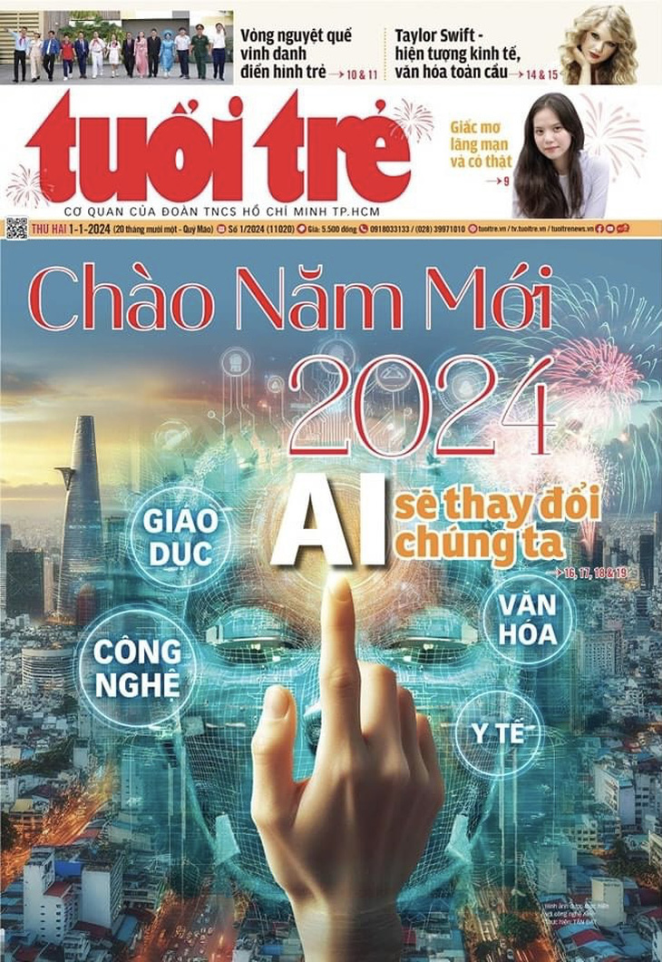 Trang 1 Tuổi Trẻ nhật báo mừng năm mới 2024 với chuyên đề về sự bùng nổ của AI trong năm mới này, ảnh hưởng và thay đổi đời sống của mọi người. Hình ảnh trang báo được thực hiện với công nghệ AI.