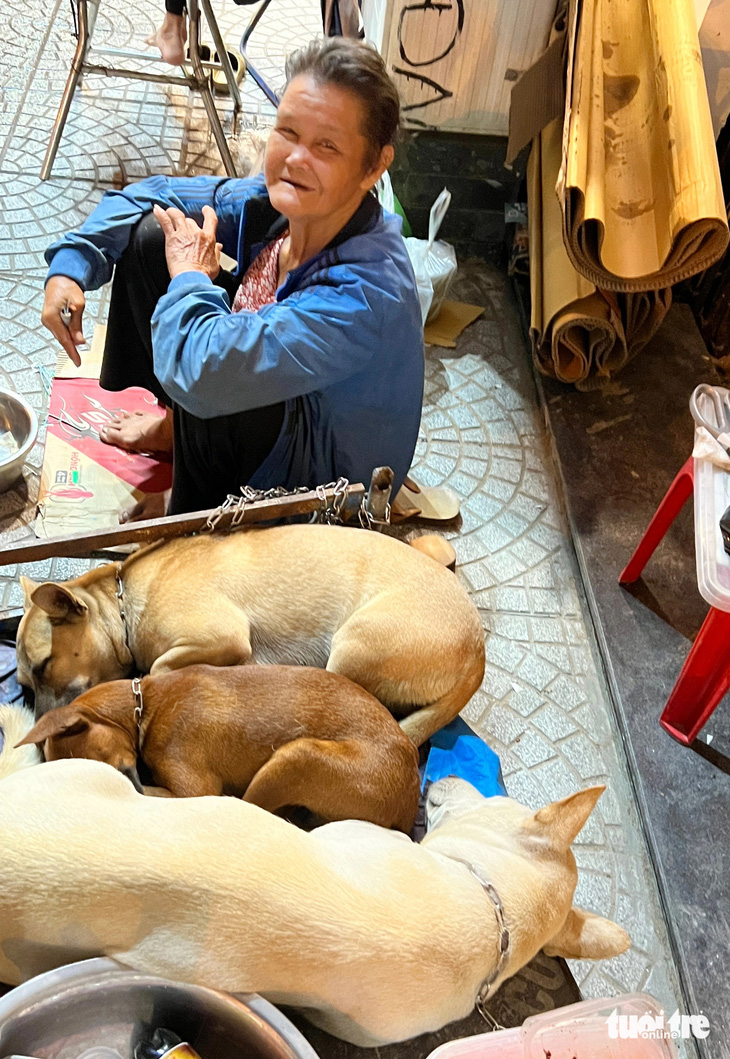 Bà Mai Thị Kim Hoàng bầu bạn với ba chú chó như một gia đình - Ảnh: Y.TRINH