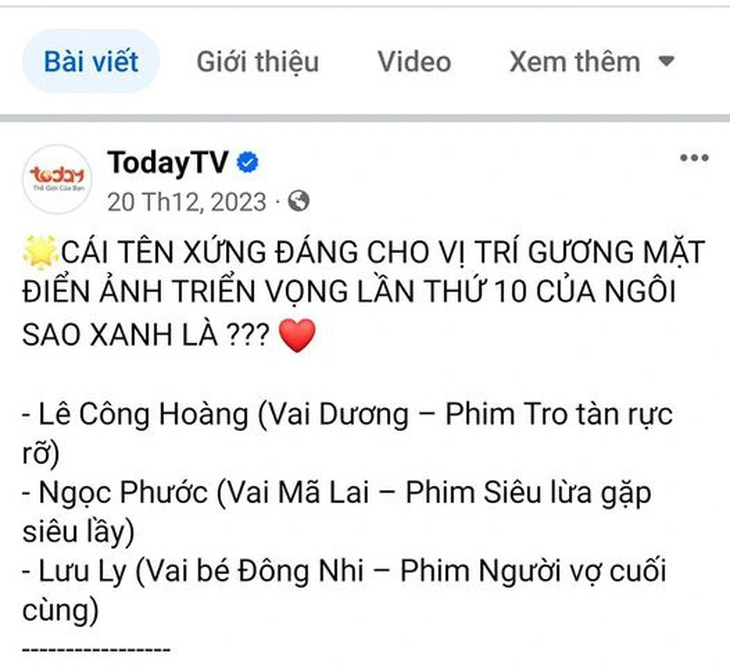 Trên trang fanpage của Ngôi sao xanh 2023 không có tên diễn viên Phạm Huỳnh Hữu Tài
