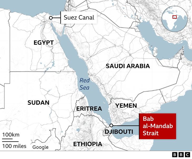 Vị trí của Biển Đỏ (Red Sea). Có 6 nước giáp Biển Đỏ là: Ai Cập, Saudi Arabia, Yemen, Sudan, Eritrea và Djibouti - Đồ họa: BBC
