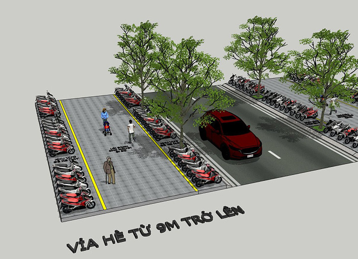 Mô hình bố trí không gian cho người đi bộ, nơi để xe cho vỉa hè từ 9m trở lên - Ảnh: UBND TP Đà Nẵng cung cấp