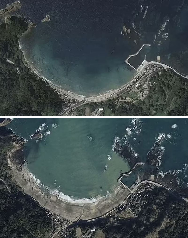Hình ảnh vệ tinh chụp lại đường bờ biển của bán đảo Noto trước động đất (ảnh trên). Và bờ biển mở rộng 250m do ảnh hưởng của động đất. Ảnh: space.com