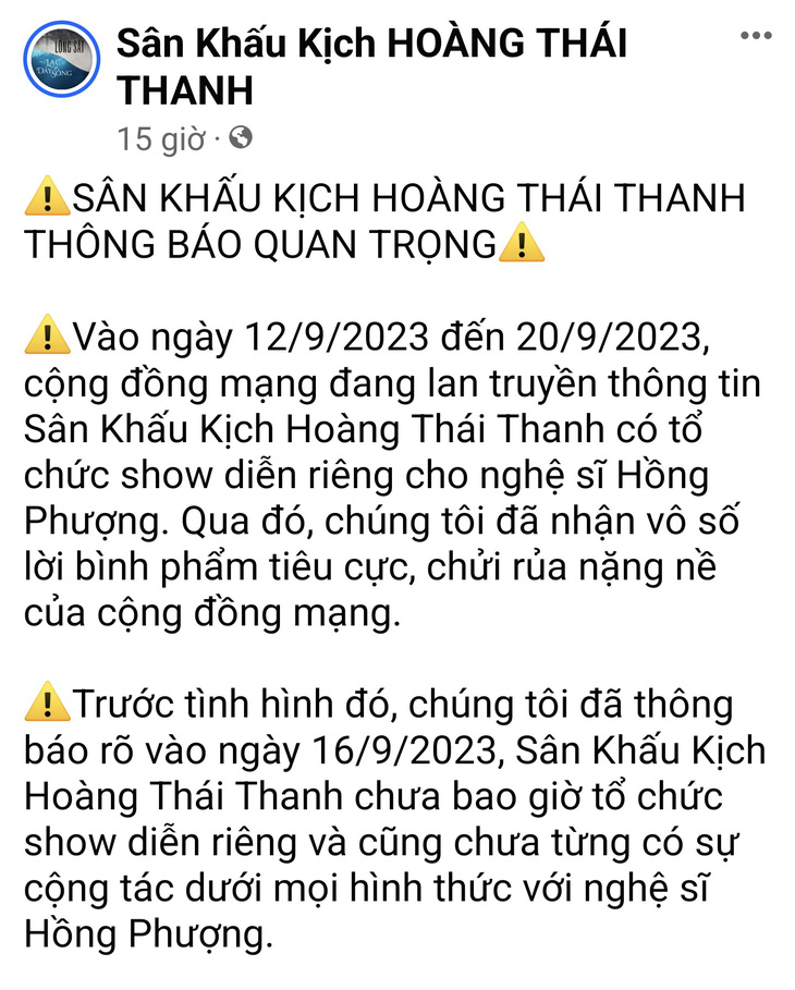 Fanpage của sân khấu Hoàng Thái Thanh đưa ra thông báo vì bỗng dưng bị cộng đồng mạng tấn công