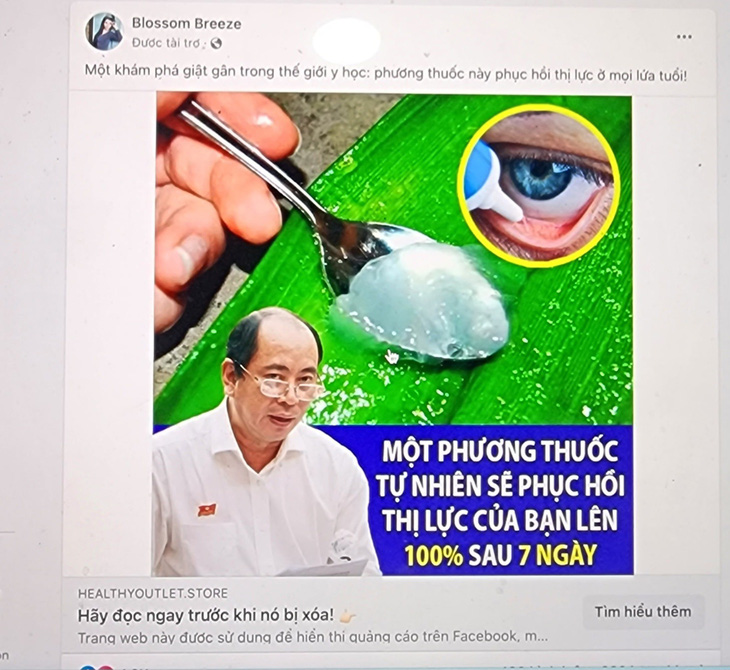 Hình ảnh giám đốc Sở Y tế TP.HCM bị các đối tượng sử dụng quảng cáo thực phẩm trị bệnh mắt - Ảnh: T.N.T