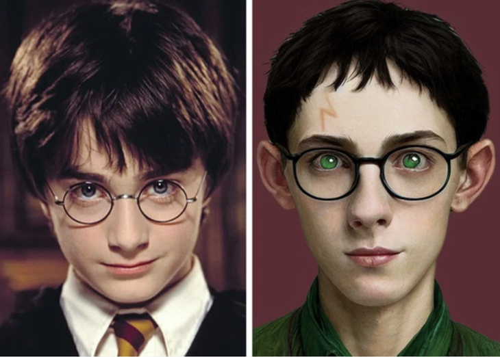 Trong truyện, Harry Potter được miêu tả có khuôn mặt gầy, mái tóc đen và đôi mắt xanh sáng. Cậu bé đeo kính tròn và điều duy nhất Harry cảm thấy đặc biệt  ở ngoại hình của mình là vết sẹo hình tia sét trên trán, có thể kết nối với Chúa tể Hắc ám Voldemort. 