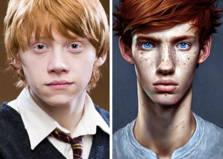 Ron Weasley, người bạn thân nhất của Harry Potter cao và gầy, với đôi mắt xanh và mái tóc đỏ. Anh chàng có nước da đầy tàn nhang và chiếc mũi dài.