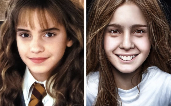 Mảnh ghép cuối cùng trong nhóm bạn thân của Harry là Hermione Granger. Cô bạn được miêu tả là có mái tóc nâu rậm rạp, đôi mắt nâu và hàm răng cửa to. Tuy nhiên, phiên bản AI phải đành 