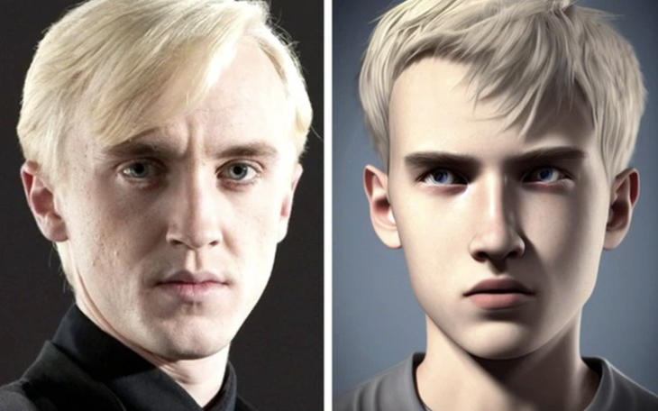 Các cuốn sách mô tả Draco Malfoy là một cậu bé cao lớn với khuôn mặt nhọn, xanh xao, mái tóc vàng và đôi mắt xám băng. Công nghệ AI đã đem lại một gương mặt tương đồng với phiên bản điện ảnh của Draco Malfoy, nhưng 